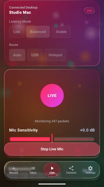 Live Mic streaming to Studio Mac with latency and route options