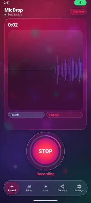 The MicDrop Android app recording a take, connected to a computer named Studio Mac