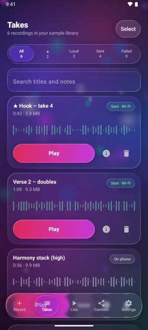 The MicDrop takes library with named takes, favourites, filters and Sent status
